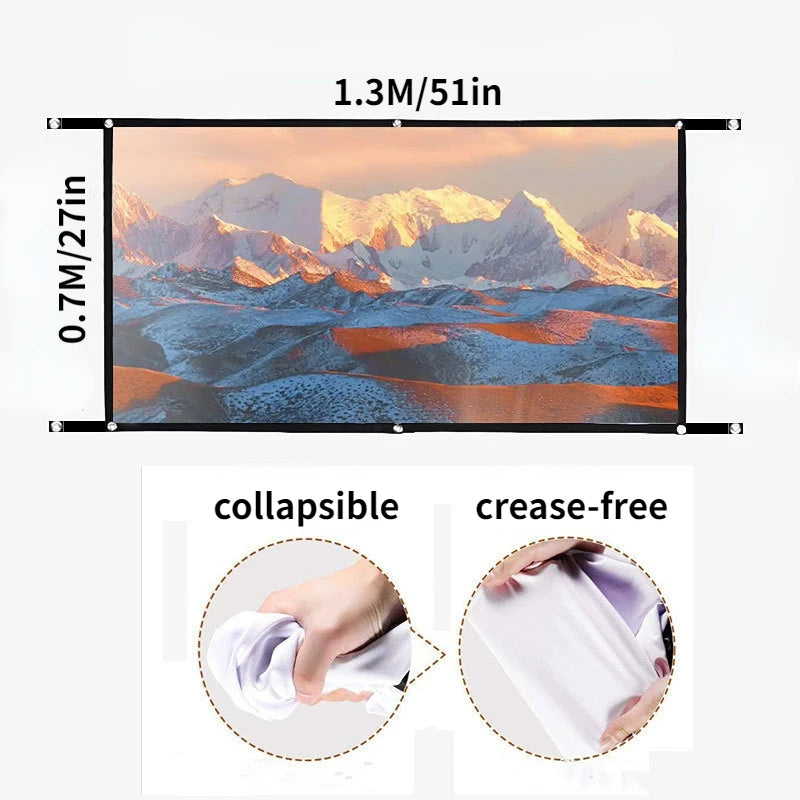 Collapsible and crease-free projector screen with mountain landscape display